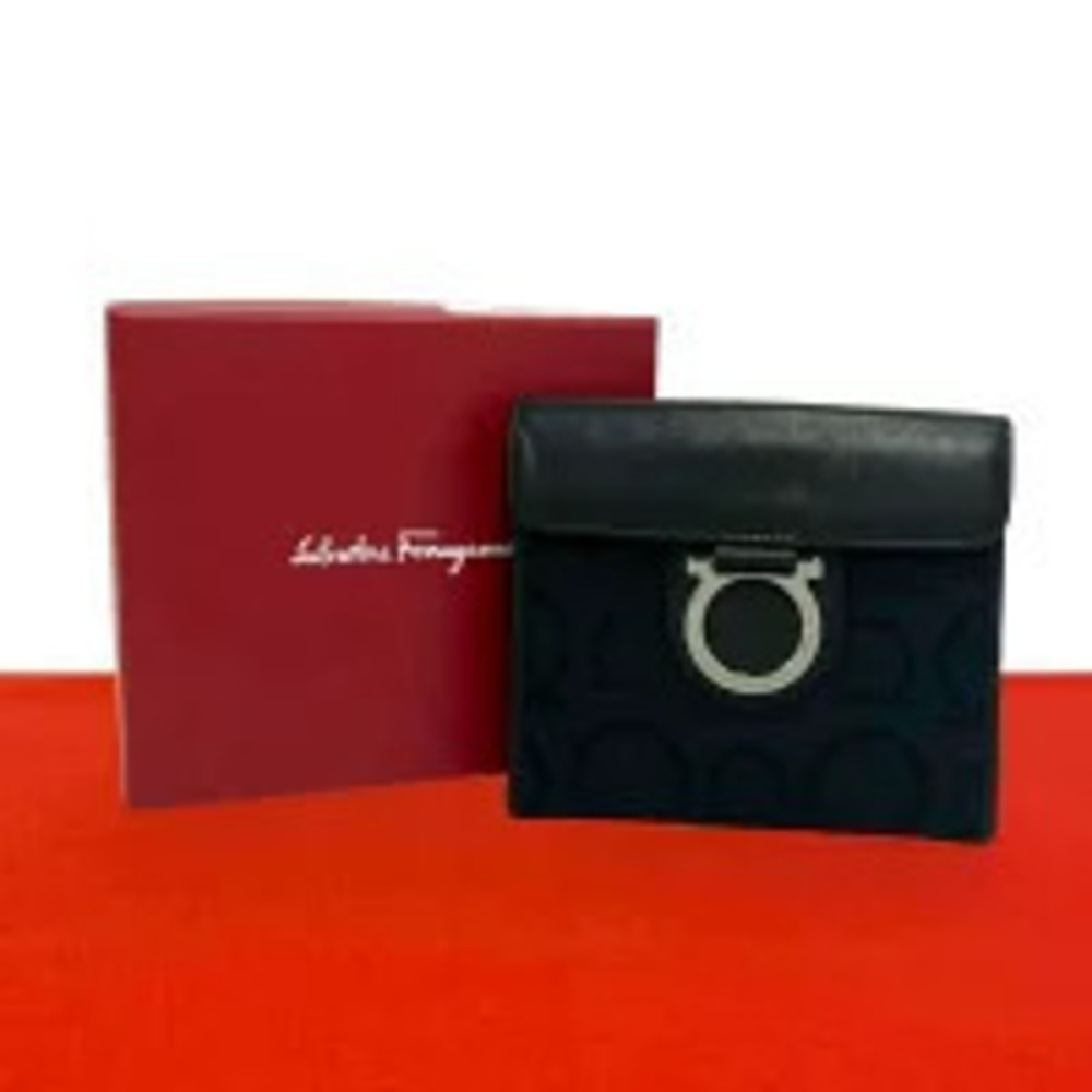 Salvatore Ferragamo Gancini Canvas Leather Bifold Wallet Black